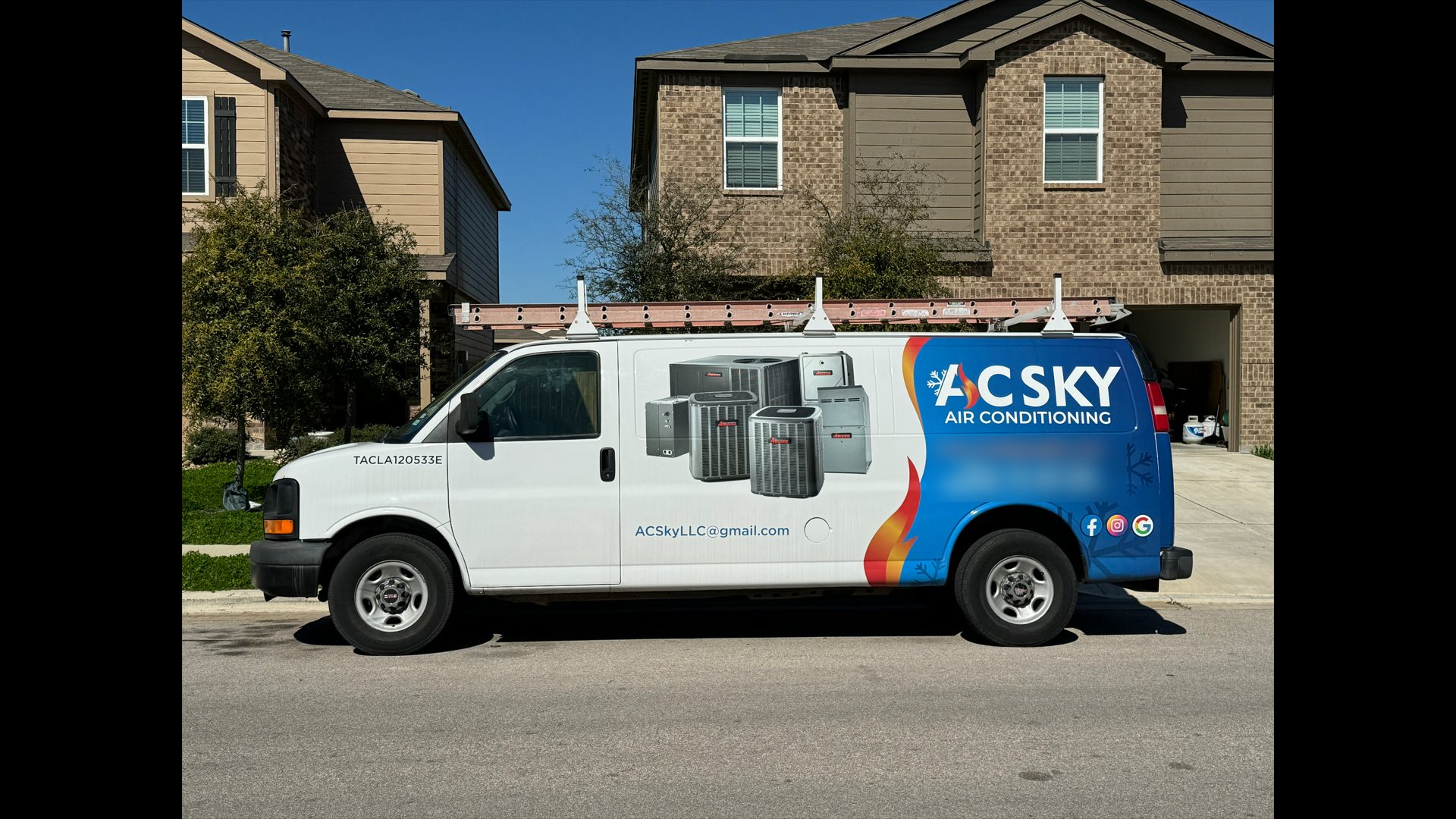 An AC Sky work van parked outside a home in the Austin area